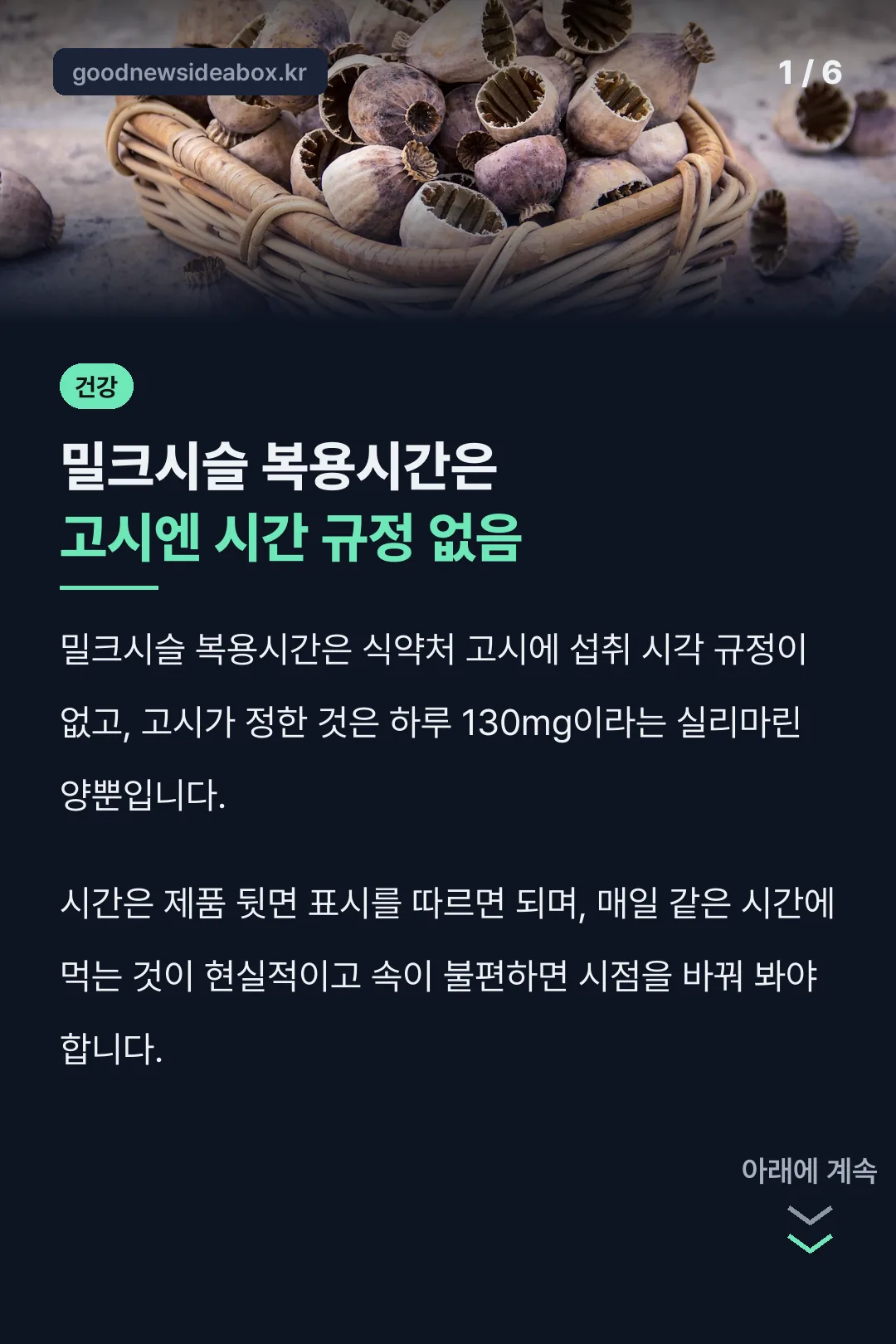 밀크시슬 복용시간은 고시엔 시간 규정 없음